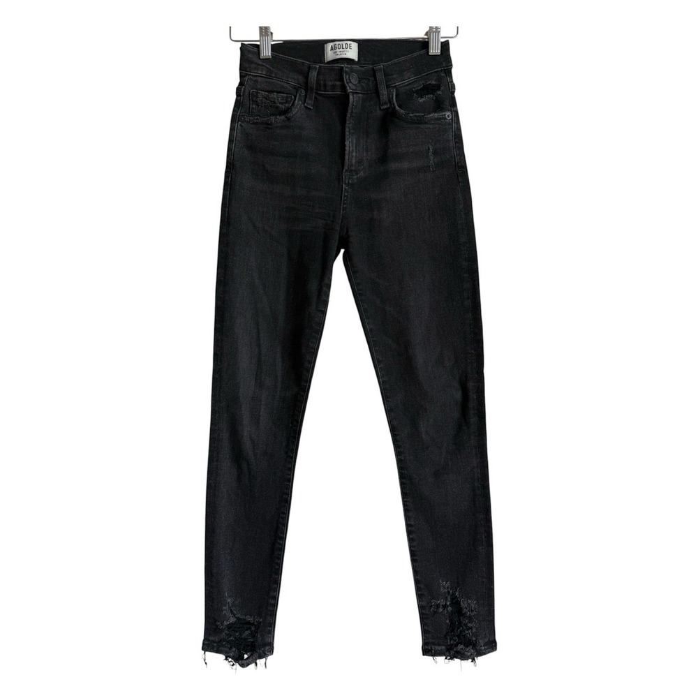 AGOLDE Black Sophie Distressed Raw Hem Mid Rise Skinny Ankle Jeans Women Size 26